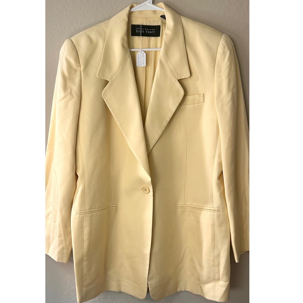 Linda Allard Ellen Tracy Yellow 100% Silk Single Button Blazer Jacket Size 14